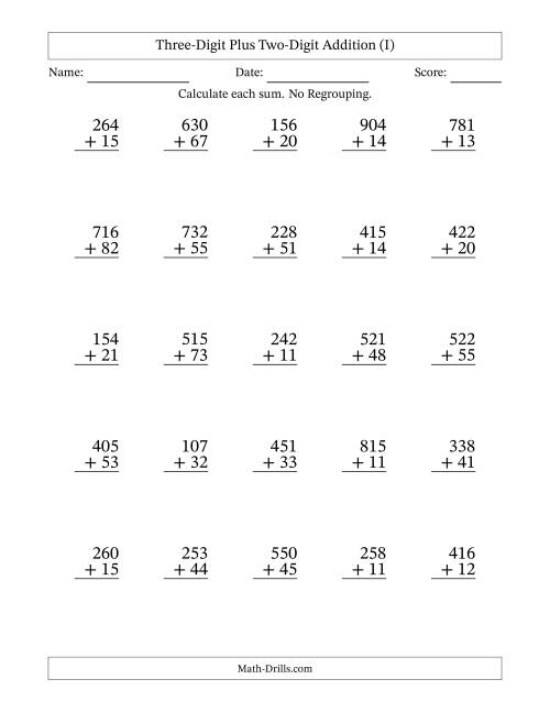 The Three-Digit Plus Two-Digit Addition With No Regrouping – 25 Questions (I) Math Worksheet