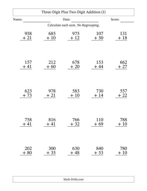 The Three-Digit Plus Two-Digit Addition With No Regrouping – 25 Questions (J) Math Worksheet