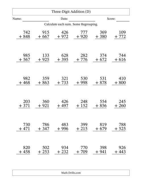 The Three-Digit Addition With Some Regrouping – 36 Questions (D) Math Worksheet