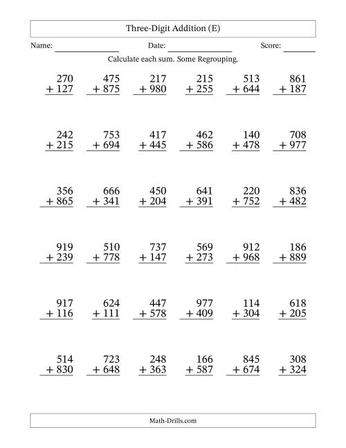 The Three-Digit Addition With Some Regrouping – 36 Questions (E) Math Worksheet