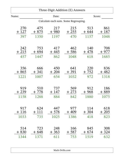 The Three-Digit Addition With Some Regrouping – 36 Questions (E) Math Worksheet Page 2