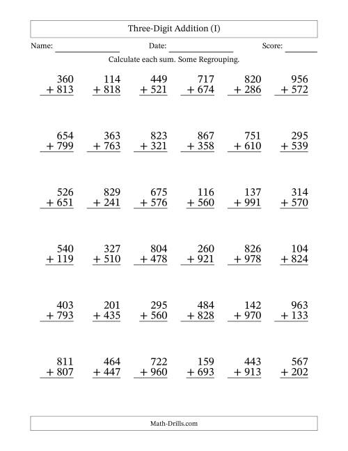 The Three-Digit Addition With Some Regrouping – 36 Questions (I) Math Worksheet