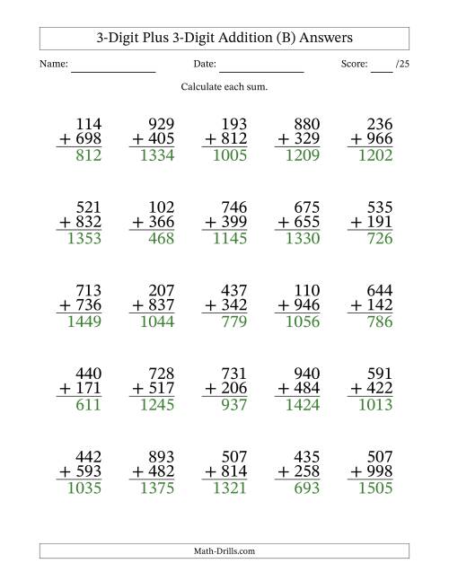The 3-Digit Plus 3-Digit Addition With Some Regrouping (25 Questions) (B) Math Worksheet Page 2
