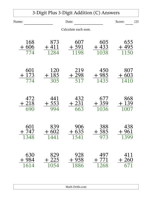 The 3-Digit Plus 3-Digit Addition With Some Regrouping (25 Questions) (C) Math Worksheet Page 2
