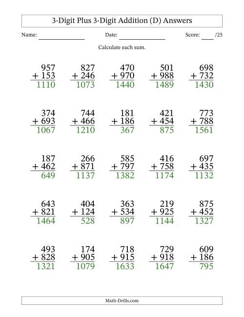 The 3-Digit Plus 3-Digit Addition With Some Regrouping (25 Questions) (D) Math Worksheet Page 2