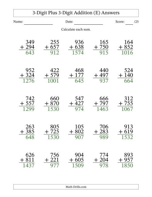 The 3-Digit Plus 3-Digit Addition With Some Regrouping (25 Questions) (E) Math Worksheet Page 2