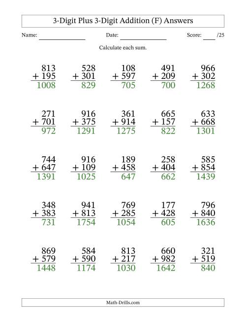 The 3-Digit Plus 3-Digit Addition With Some Regrouping (25 Questions) (F) Math Worksheet Page 2