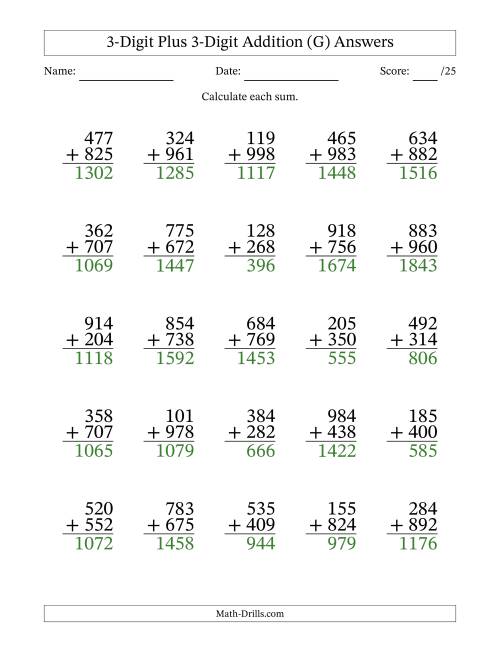The 3-Digit Plus 3-Digit Addition With Some Regrouping (25 Questions) (G) Math Worksheet Page 2
