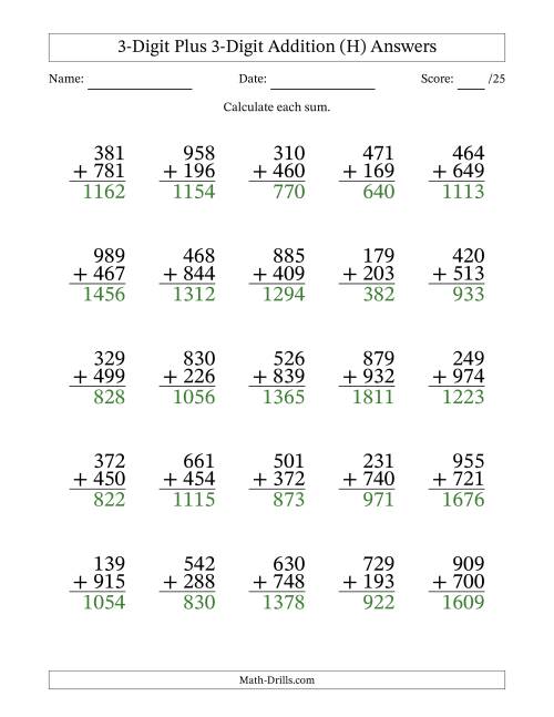 The 3-Digit Plus 3-Digit Addition With Some Regrouping (25 Questions) (H) Math Worksheet Page 2