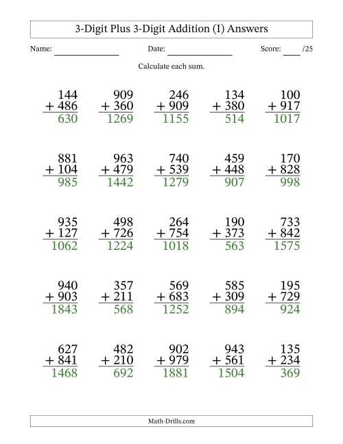 The 3-Digit Plus 3-Digit Addition With Some Regrouping (25 Questions) (I) Math Worksheet Page 2