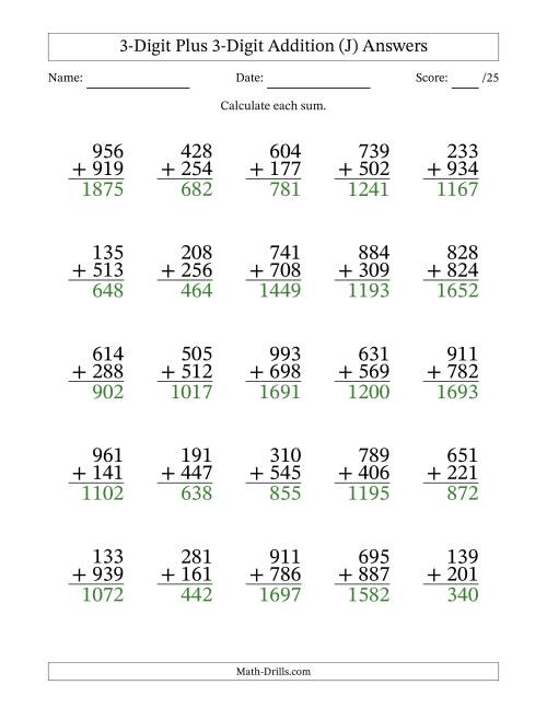 The 3-Digit Plus 3-Digit Addition With Some Regrouping (25 Questions) (J) Math Worksheet Page 2