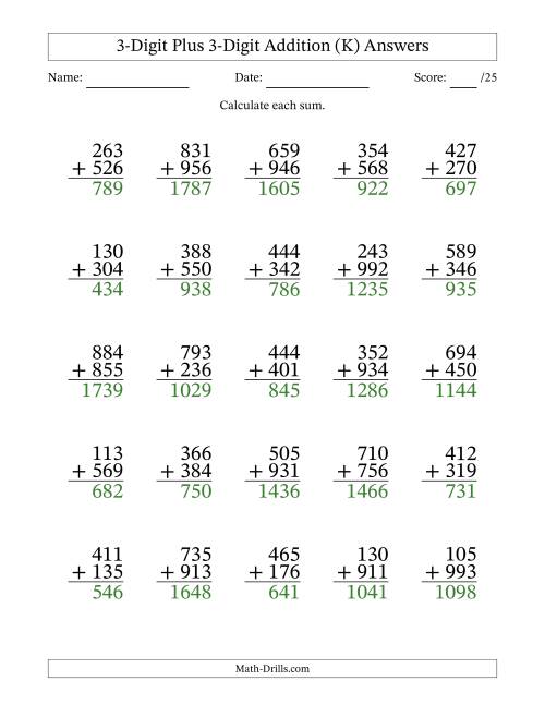 The 3-Digit Plus 3-Digit Addition With Some Regrouping (25 Questions) (K) Math Worksheet Page 2