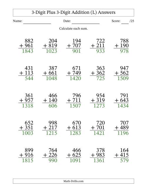 The 3-Digit Plus 3-Digit Addition With Some Regrouping (25 Questions) (L) Math Worksheet Page 2