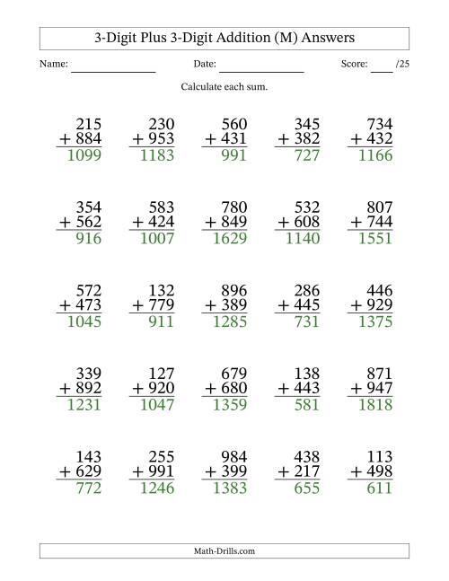 The 3-Digit Plus 3-Digit Addition With Some Regrouping (25 Questions) (M) Math Worksheet Page 2