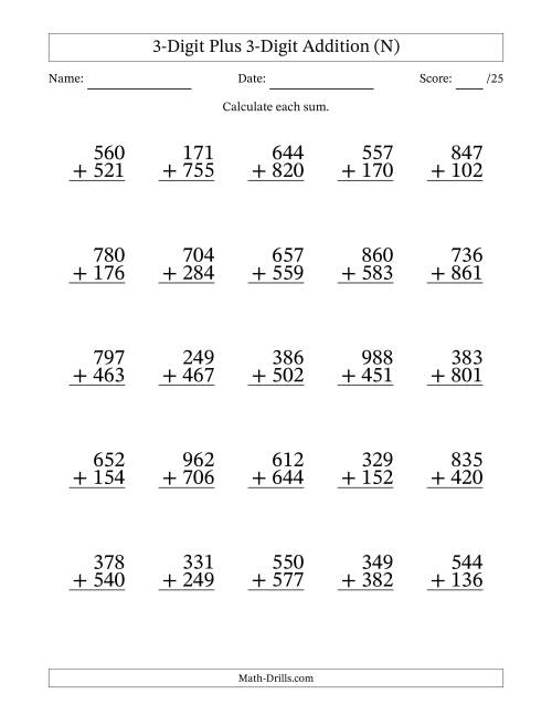 The 3-Digit Plus 3-Digit Addition With Some Regrouping (25 Questions) (N) Math Worksheet