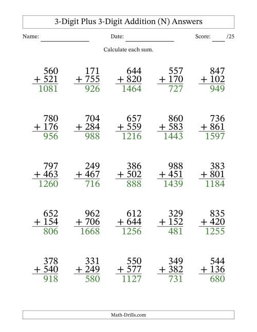 The 3-Digit Plus 3-Digit Addition With Some Regrouping (25 Questions) (N) Math Worksheet Page 2