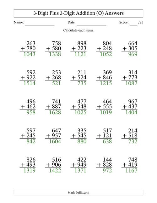 The 3-Digit Plus 3-Digit Addition With Some Regrouping (25 Questions) (O) Math Worksheet Page 2