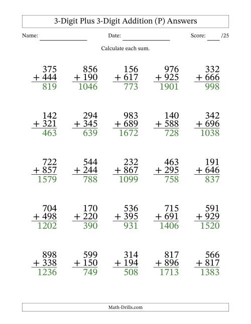 The 3-Digit Plus 3-Digit Addition With Some Regrouping (25 Questions) (P) Math Worksheet Page 2