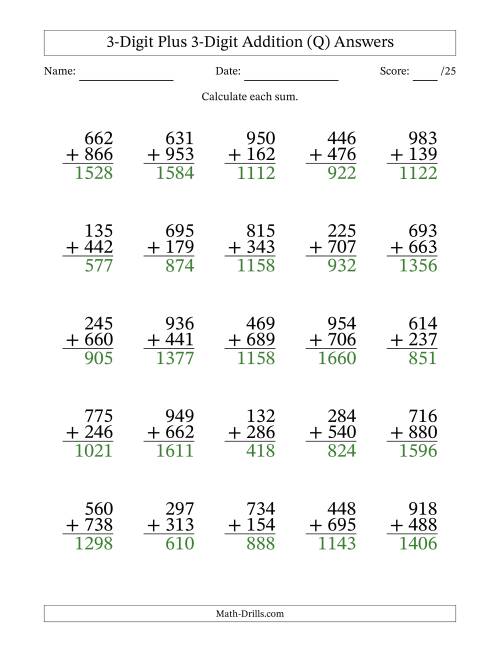 The 3-Digit Plus 3-Digit Addition With Some Regrouping (25 Questions) (Q) Math Worksheet Page 2
