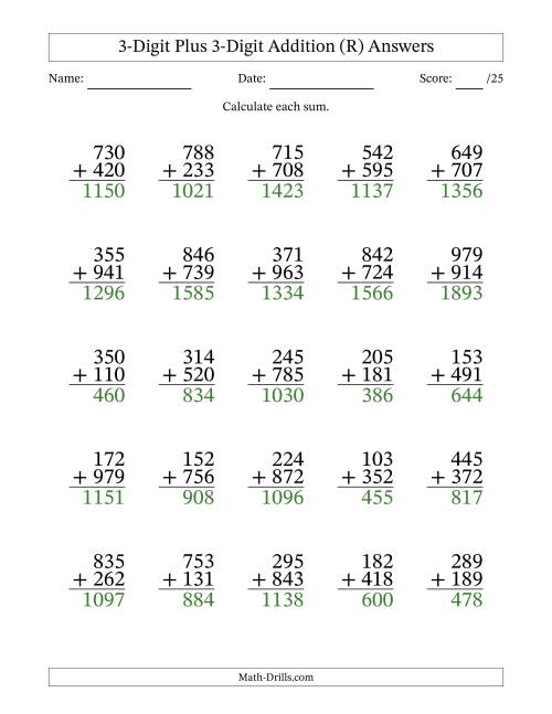 The 3-Digit Plus 3-Digit Addition With Some Regrouping (25 Questions) (R) Math Worksheet Page 2