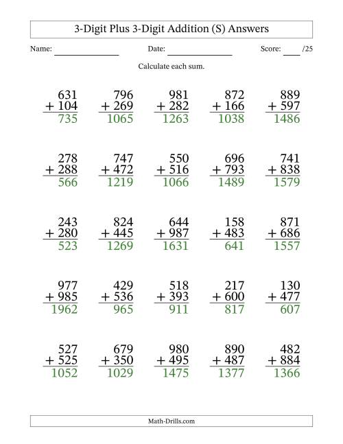 The 3-Digit Plus 3-Digit Addition With Some Regrouping (25 Questions) (S) Math Worksheet Page 2