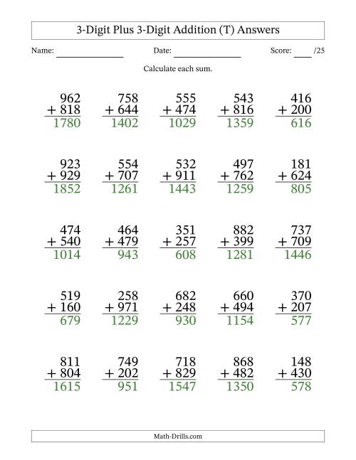 The 3-Digit Plus 3-Digit Addition With Some Regrouping (25 Questions) (T) Math Worksheet Page 2