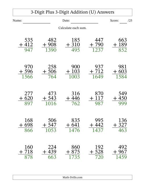 The 3-Digit Plus 3-Digit Addition With Some Regrouping (25 Questions) (U) Math Worksheet Page 2