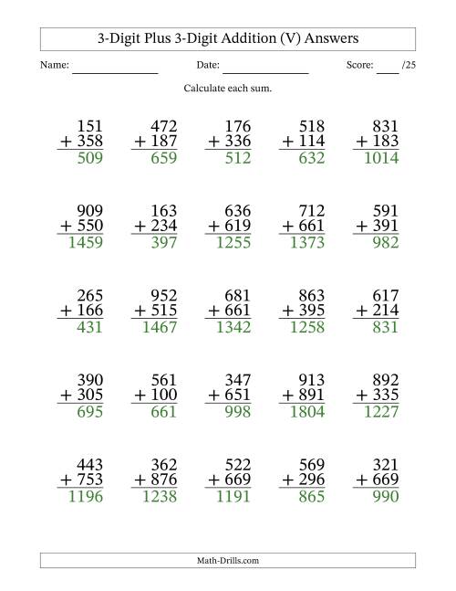 The 3-Digit Plus 3-Digit Addition With Some Regrouping (25 Questions) (V) Math Worksheet Page 2