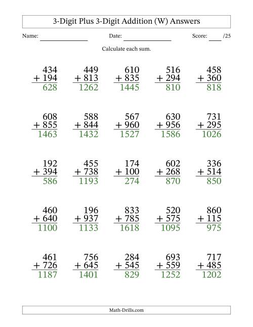 The 3-Digit Plus 3-Digit Addition With Some Regrouping (25 Questions) (W) Math Worksheet Page 2