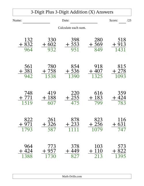 The 3-Digit Plus 3-Digit Addition With Some Regrouping (25 Questions) (X) Math Worksheet Page 2