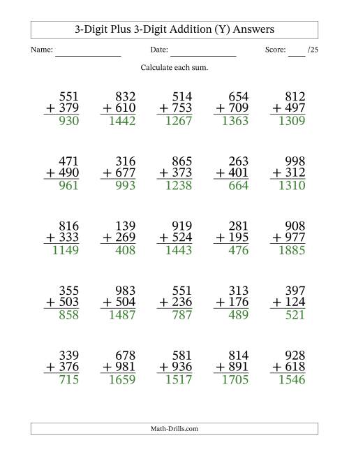 The 3-Digit Plus 3-Digit Addition With Some Regrouping (25 Questions) (Y) Math Worksheet Page 2