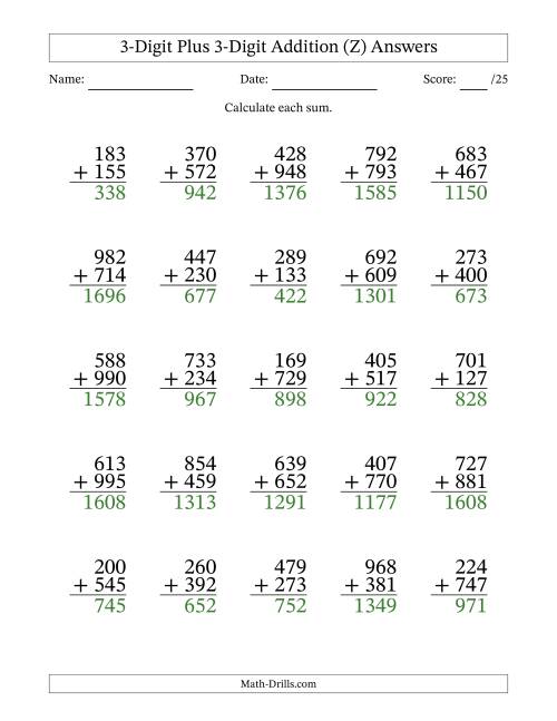 The 3-Digit Plus 3-Digit Addition With Some Regrouping (25 Questions) (Z) Math Worksheet Page 2