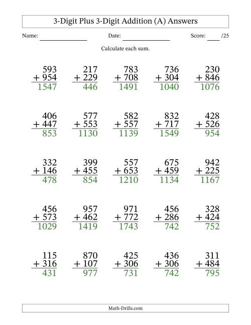The 3-Digit Plus 3-Digit Addition With Some Regrouping (25 Questions) (All) Math Worksheet Page 2