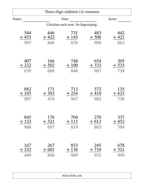 The Three-Digit Addition With No Regrouping – 25 Questions (A) Math Worksheet Page 2