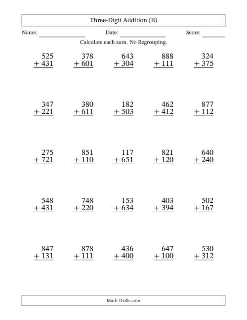 The Three-Digit Addition With No Regrouping – 25 Questions (B) Math Worksheet