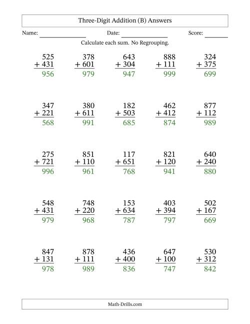 The Three-Digit Addition With No Regrouping – 25 Questions (B) Math Worksheet Page 2