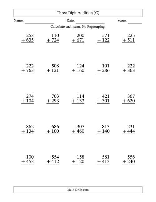 The 3-Digit Plus 3-Digit Addition with NO Regrouping (C) Math Worksheet