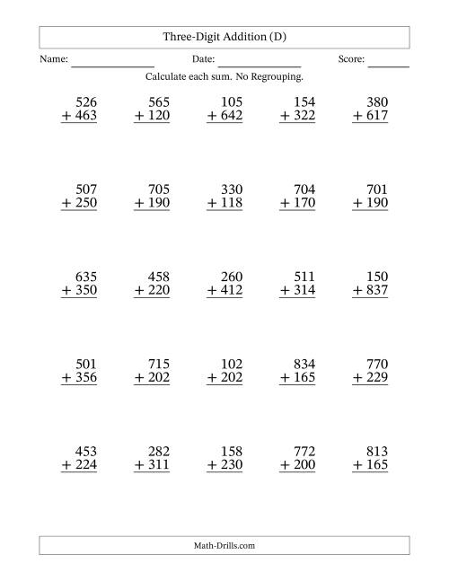 The 3-Digit Plus 3-Digit Addition with NO Regrouping (D) Math Worksheet
