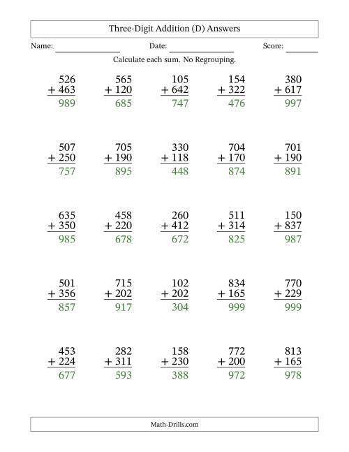 The 3-Digit Plus 3-Digit Addition with NO Regrouping (D) Math Worksheet Page 2