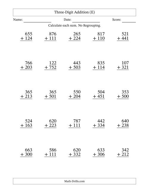 The Three-Digit Addition With No Regrouping – 25 Questions (E) Math Worksheet