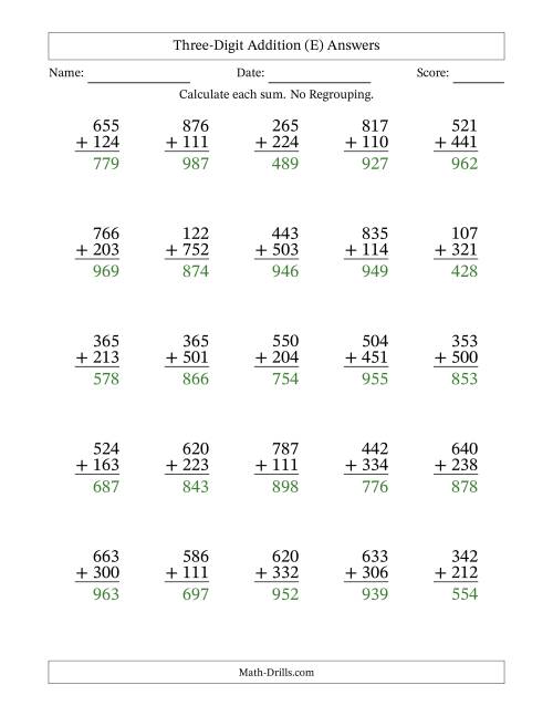 The Three-Digit Addition With No Regrouping – 25 Questions (E) Math Worksheet Page 2