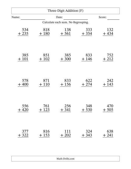 The Three-Digit Addition With No Regrouping – 25 Questions (F) Math Worksheet