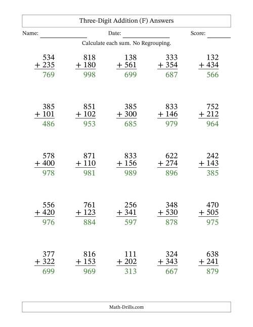 The Three-Digit Addition With No Regrouping – 25 Questions (F) Math Worksheet Page 2