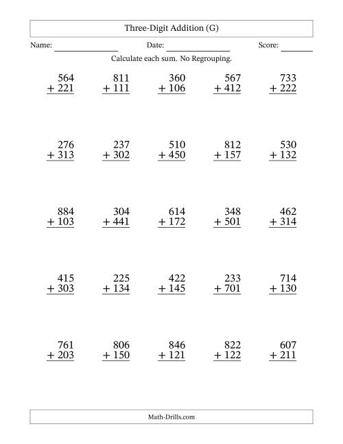 The Three-Digit Addition With No Regrouping – 25 Questions (G) Math Worksheet