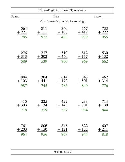 The Three-Digit Addition With No Regrouping – 25 Questions (G) Math Worksheet Page 2