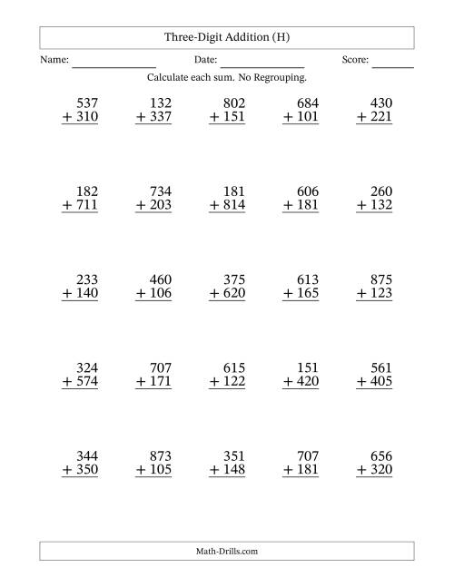 The 3-Digit Plus 3-Digit Addition with NO Regrouping (H) Math Worksheet