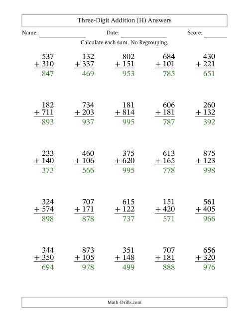 The Three-Digit Addition With No Regrouping – 25 Questions (H) Math Worksheet Page 2