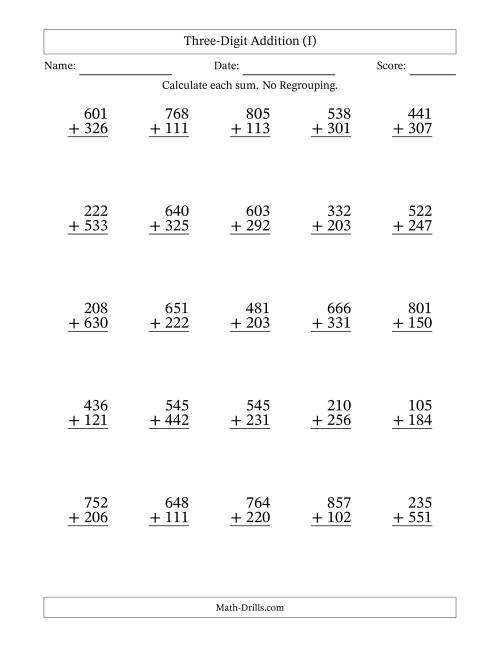 The 3-Digit Plus 3-Digit Addition with NO Regrouping (I) Math Worksheet