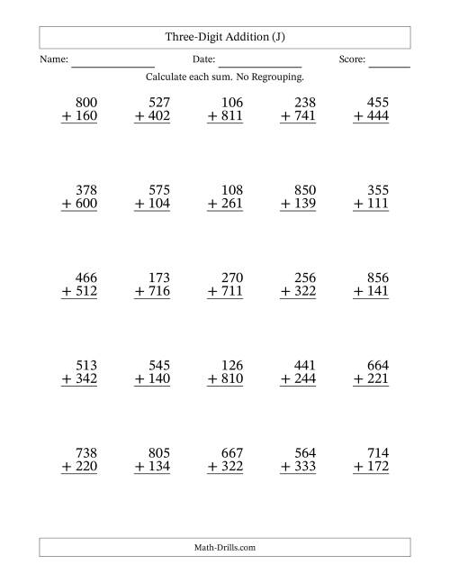 The Three-Digit Addition With No Regrouping – 25 Questions (J) Math Worksheet