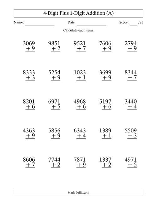 The 4-Digit Plus 1-Digit Addition With Some Regrouping (25 Questions) (A) Math Worksheet